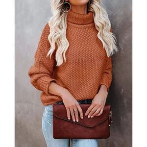 Burnt Orange Chunky Cable Knit Oversized Cowl Turtleneck Long Sleeve Sweater